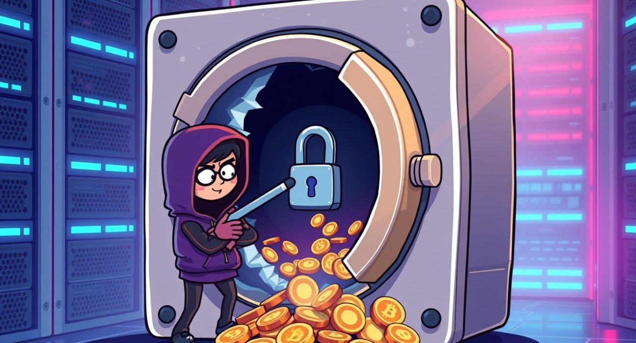 Cartoon illustration of the Zerobase frontend hack showing digital vault breach and token theft