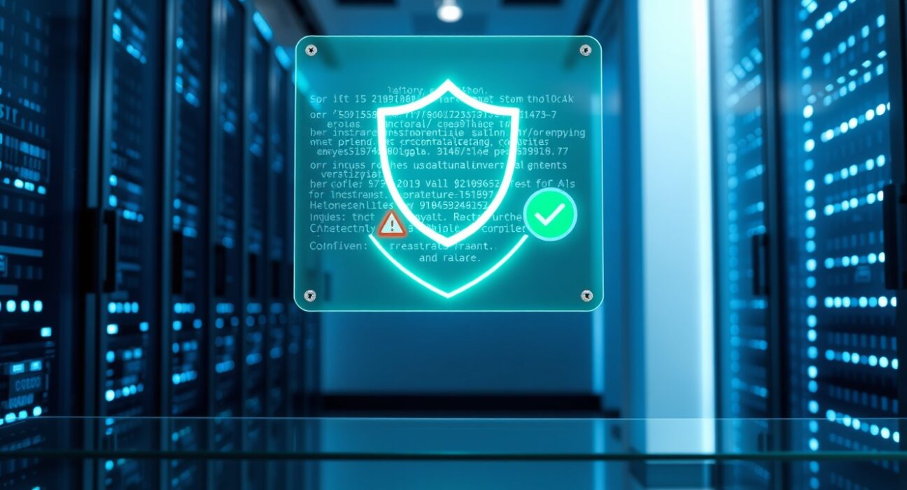 Holographic AI compliance interface showing a shield icon over code in a blue-lit data center