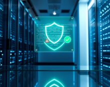 Holographic AI compliance interface showing a shield icon over code in a blue-lit data center