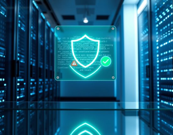 Holographic AI compliance interface showing a shield icon over code in a blue-lit data center