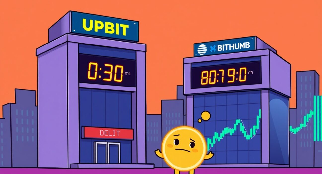 Cartoon illustration of cryptocurrency exchanges announcing a 30-minute ZeroG listing delay, impacting traders.