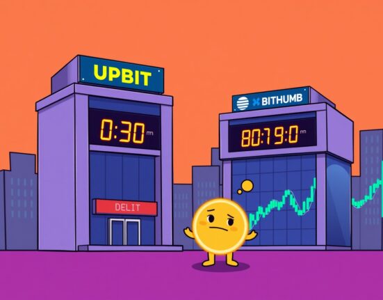Cartoon illustration of cryptocurrency exchanges announcing a 30-minute ZeroG listing delay, impacting traders.