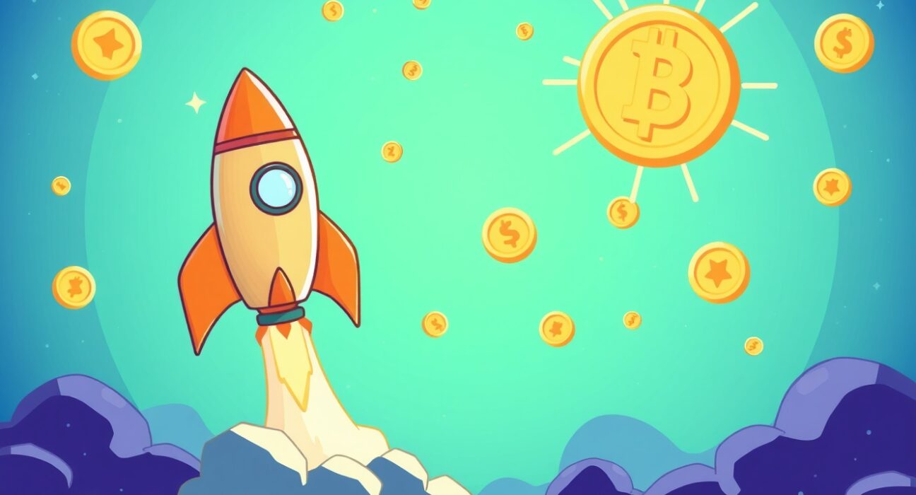 A cartoon rocket launching from a digital exchange, symbolizing the exciting ZeroGravity (0G) listing on Bithumb and new crypto opportunities.