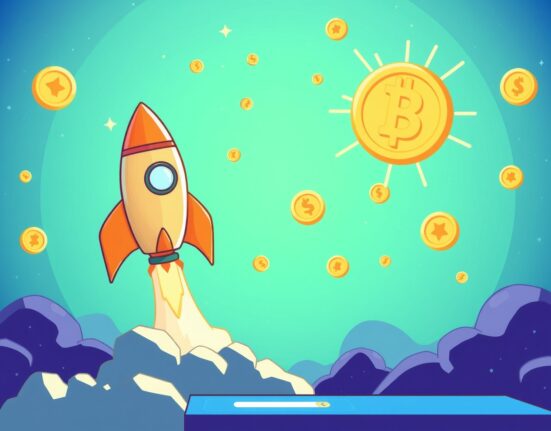 A cartoon rocket launching from a digital exchange, symbolizing the exciting ZeroGravity (0G) listing on Bithumb and new crypto opportunities.