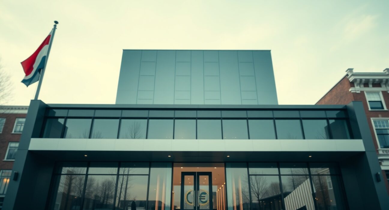 Modern corporate building in Amsterdam, Netherlands, symbolizing financial regulation and digital payments.
