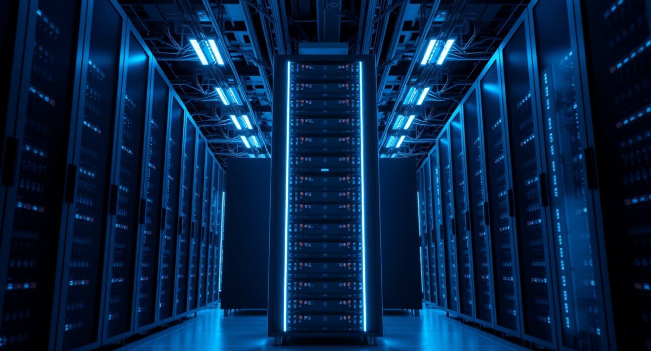 Interior of a modern cryptocurrency mining data center with blue LED lighting and server racks