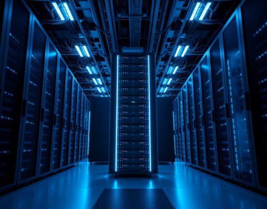 Interior of a modern cryptocurrency mining data center with blue LED lighting and server racks