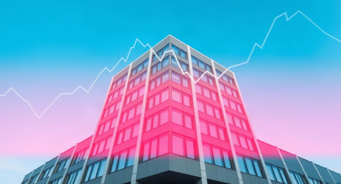 Corporate building with financial graph overlay symbolizing market volatility for Zerostack article