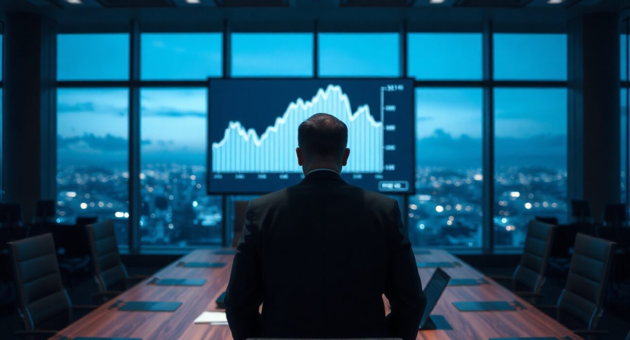 Executive viewing a declining financial chart in a boardroom, representing ZeroStack's $82.5M loss
