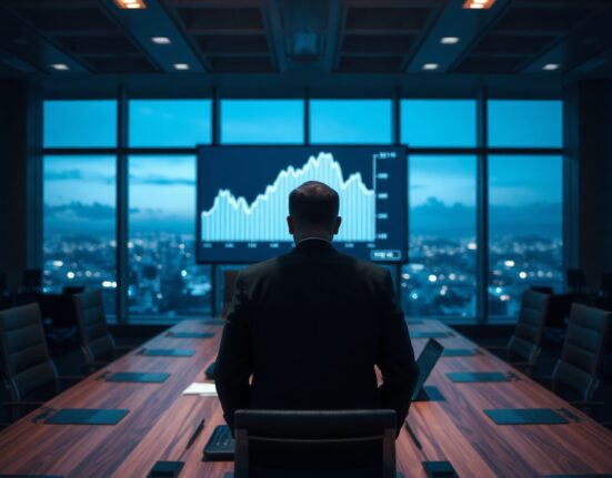 Executive viewing a declining financial chart in a boardroom, representing ZeroStack's $82.5M loss