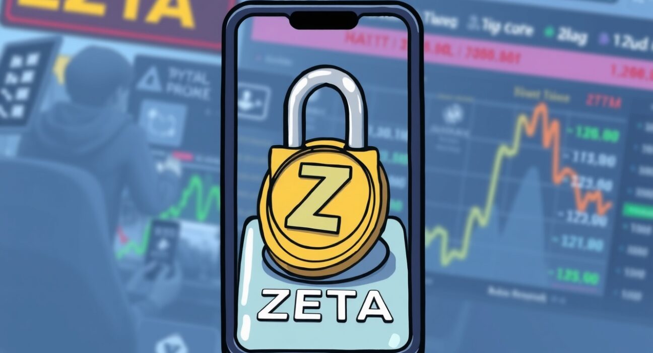 A cartoon image showing a lock over a ZETA coin, symbolizing the temporary suspension of ZETA deposits and withdrawals on Bithumb.