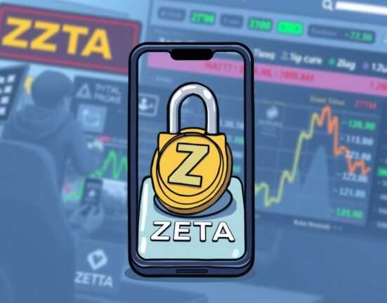 A cartoon image showing a lock over a ZETA coin, symbolizing the temporary suspension of ZETA deposits and withdrawals on Bithumb.