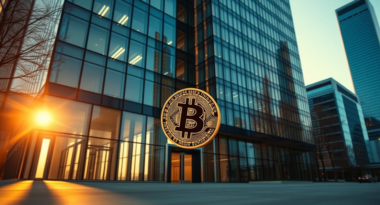Exterior of a modern corporate headquarters with a Bitcoin symbol, representing Zeta Network Group's BTC investment.
