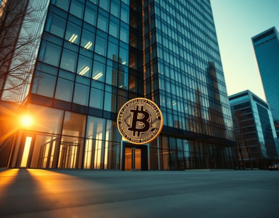 Exterior of a modern corporate headquarters with a Bitcoin symbol, representing Zeta Network Group's BTC investment.
