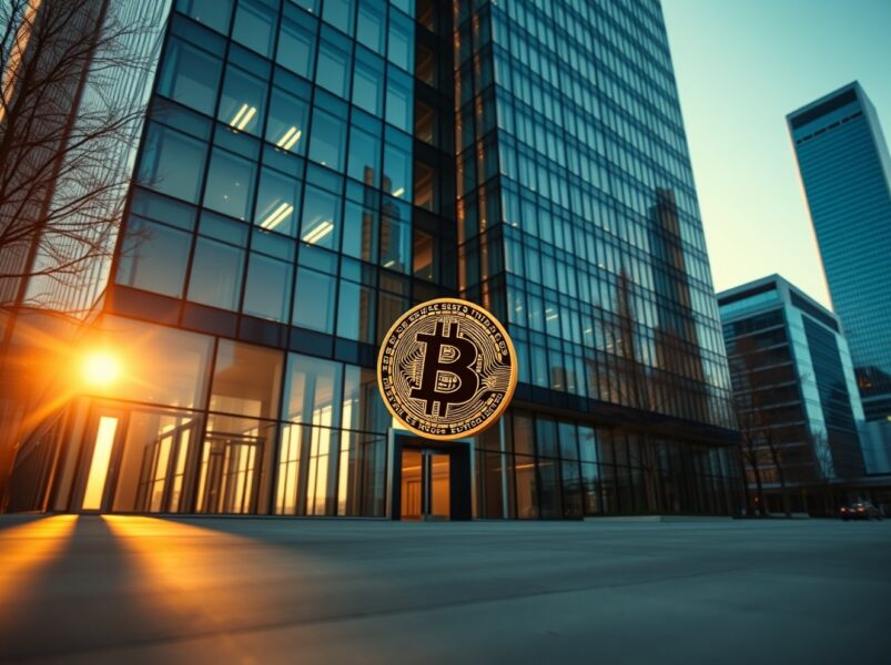 Exterior of a modern corporate headquarters with a Bitcoin symbol, representing Zeta Network Group's BTC investment.