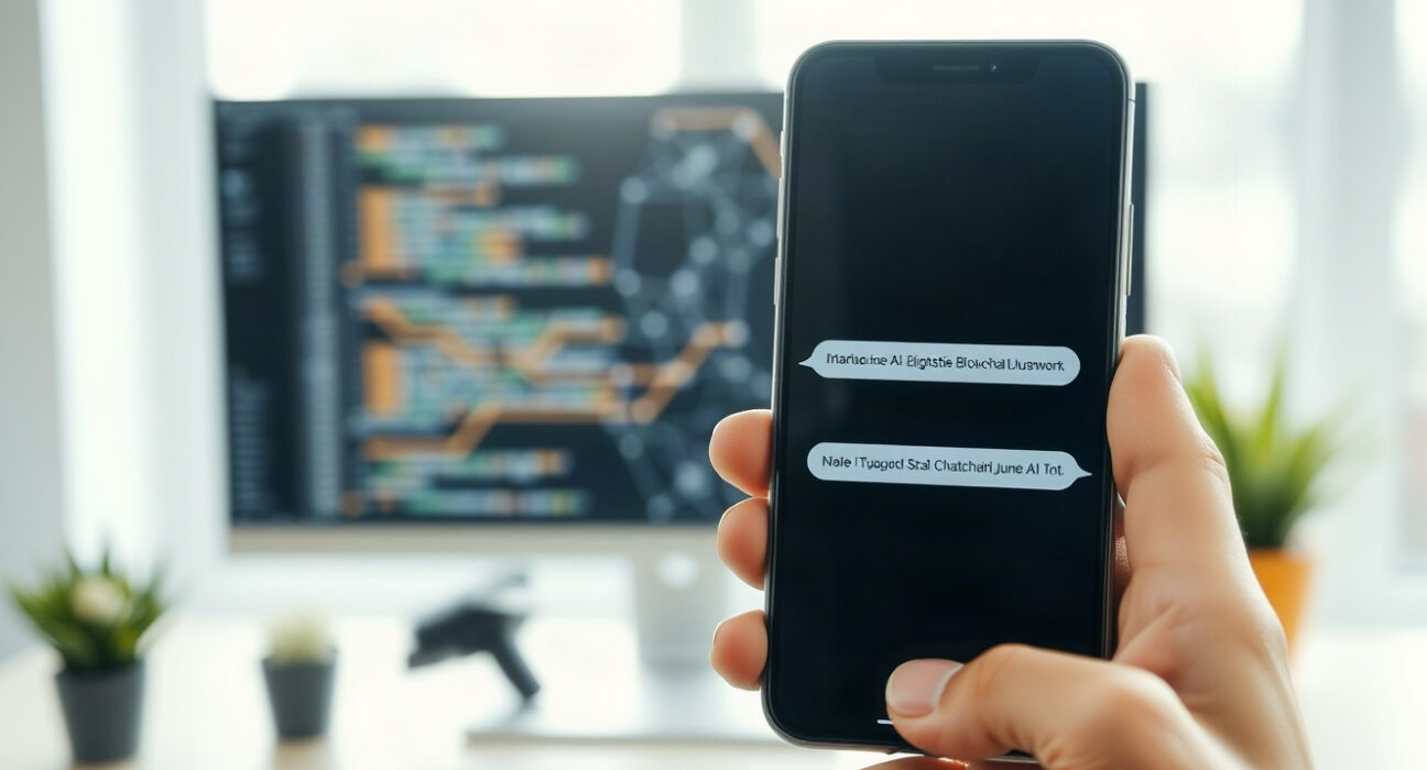 Smartphone displaying an AI chat interface with blockchain network background, representing Anuma app.