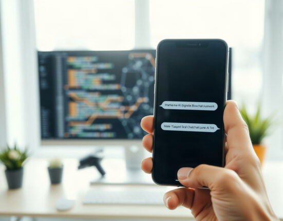 Smartphone displaying an AI chat interface with blockchain network background, representing Anuma app.