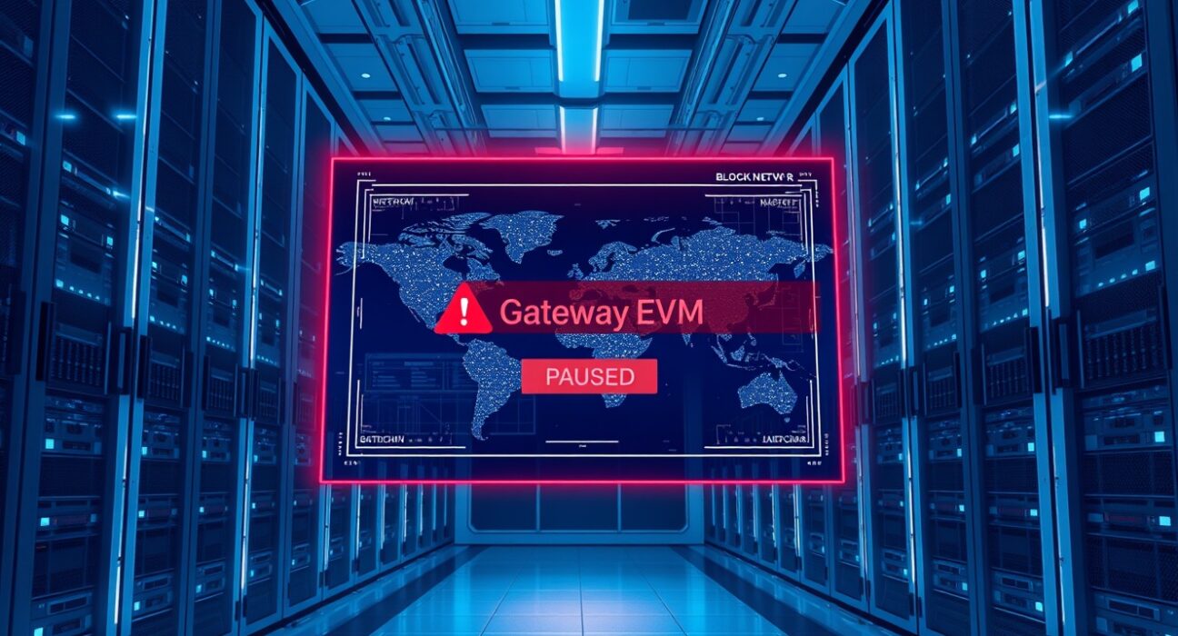 ZetaChain attack: Holographic display showing GatewayEVM contract warning in a data center, representing the halted cross-chain transactions.