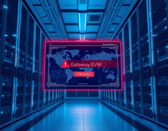 ZetaChain attack: Holographic display showing GatewayEVM contract warning in a data center, representing the halted cross-chain transactions.