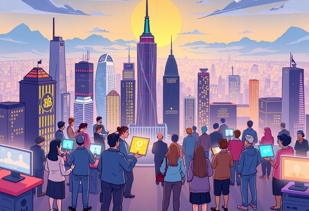 Cartoon illustration of an innovative tech event, showcasing the vibrant ZetaChain Ecosystem with users engaging with universal dApps.