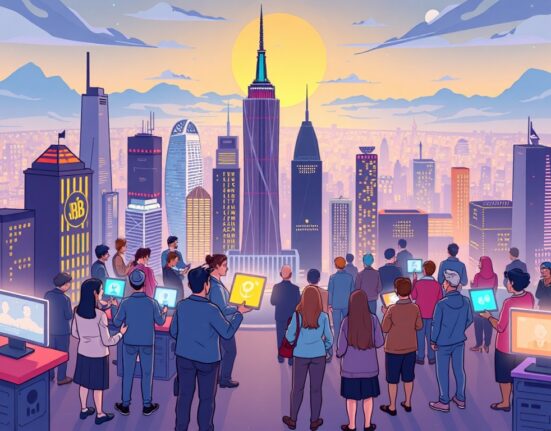 Cartoon illustration of an innovative tech event, showcasing the vibrant ZetaChain Ecosystem with users engaging with universal dApps.