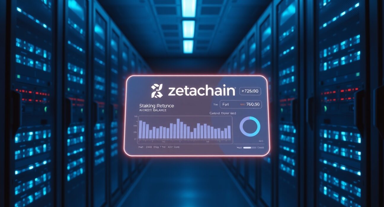 Holographic interface showing Zetachain staking and AI credit dashboard in a modern server room