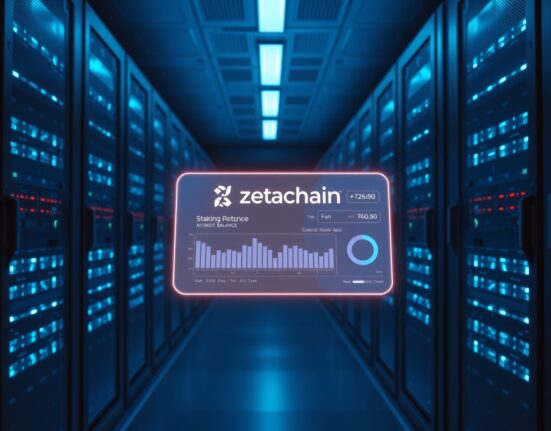 Holographic interface showing Zetachain staking and AI credit dashboard in a modern server room