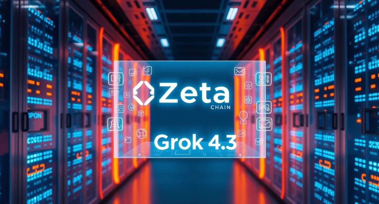 Futuristic server room with holographic ZetaChain and Grok 4.3 interface representing AI blockchain integration.