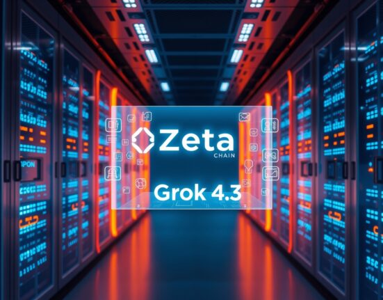 Futuristic server room with holographic ZetaChain and Grok 4.3 interface representing AI blockchain integration.
