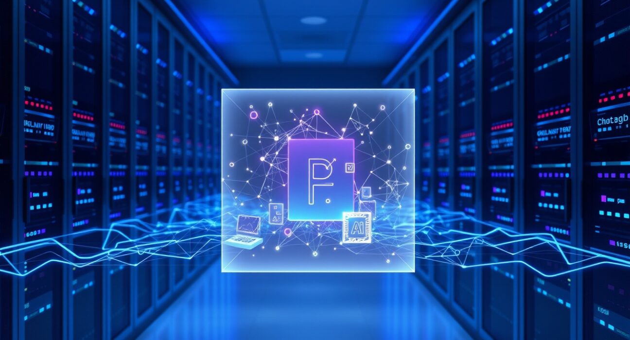 Futuristic server room with holographic display showing blockchain and AI network integration