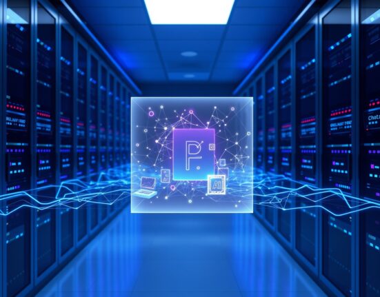 Futuristic server room with holographic display showing blockchain and AI network integration