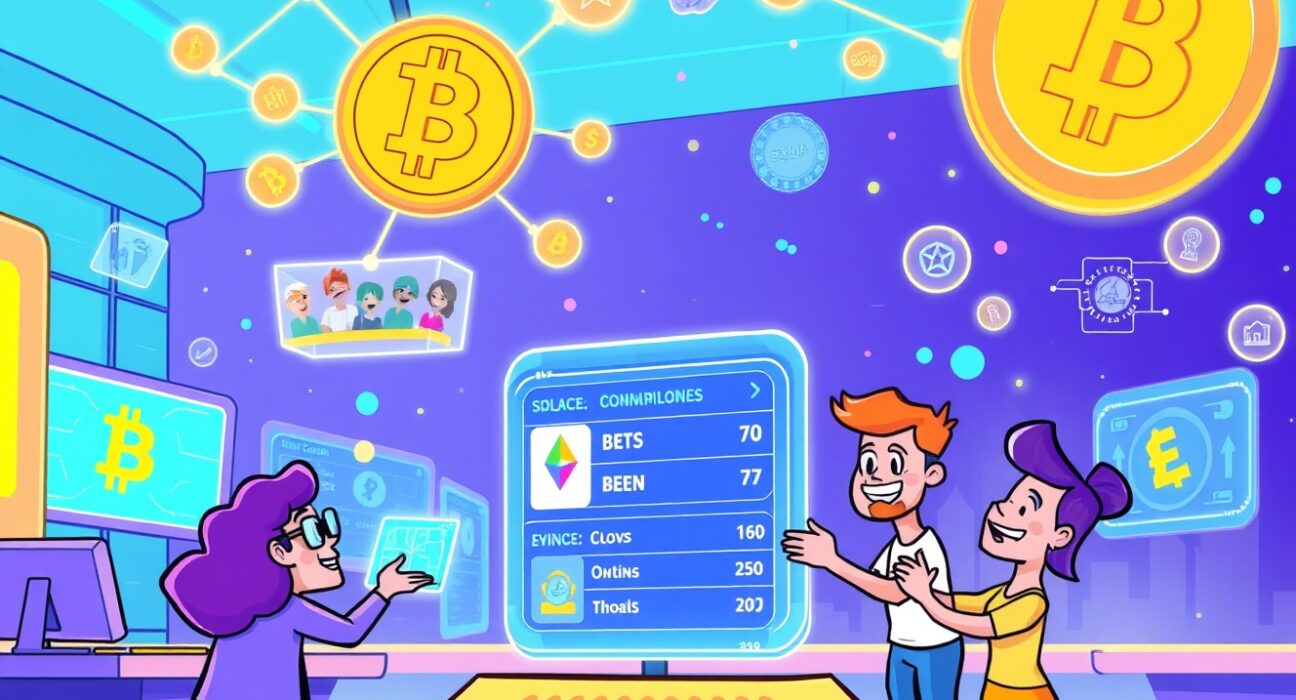 A vibrant cartoon scene of a futuristic ZetaChain prediction market where users trade forecasts.