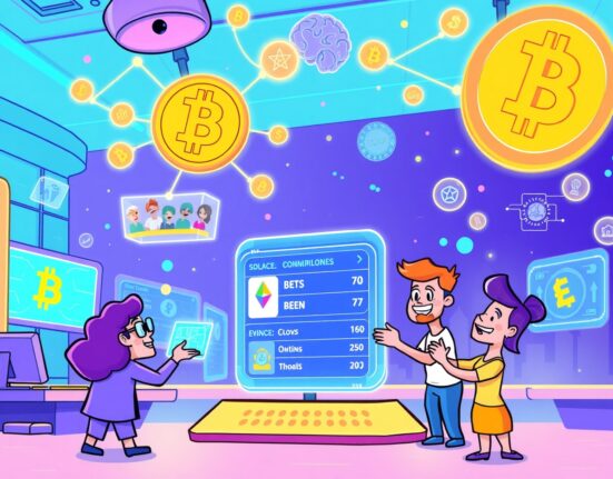 A vibrant cartoon scene of a futuristic ZetaChain prediction market where users trade forecasts.
