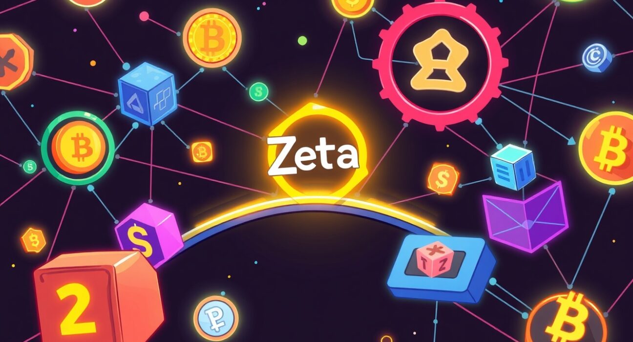 Cartoon illustration showing the Zetachain Unison upgrade enabling secure and seamless cross-chain crypto transactions.