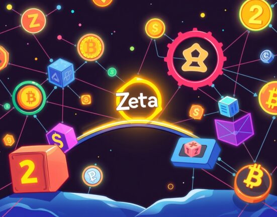 Cartoon illustration showing the Zetachain Unison upgrade enabling secure and seamless cross-chain crypto transactions.