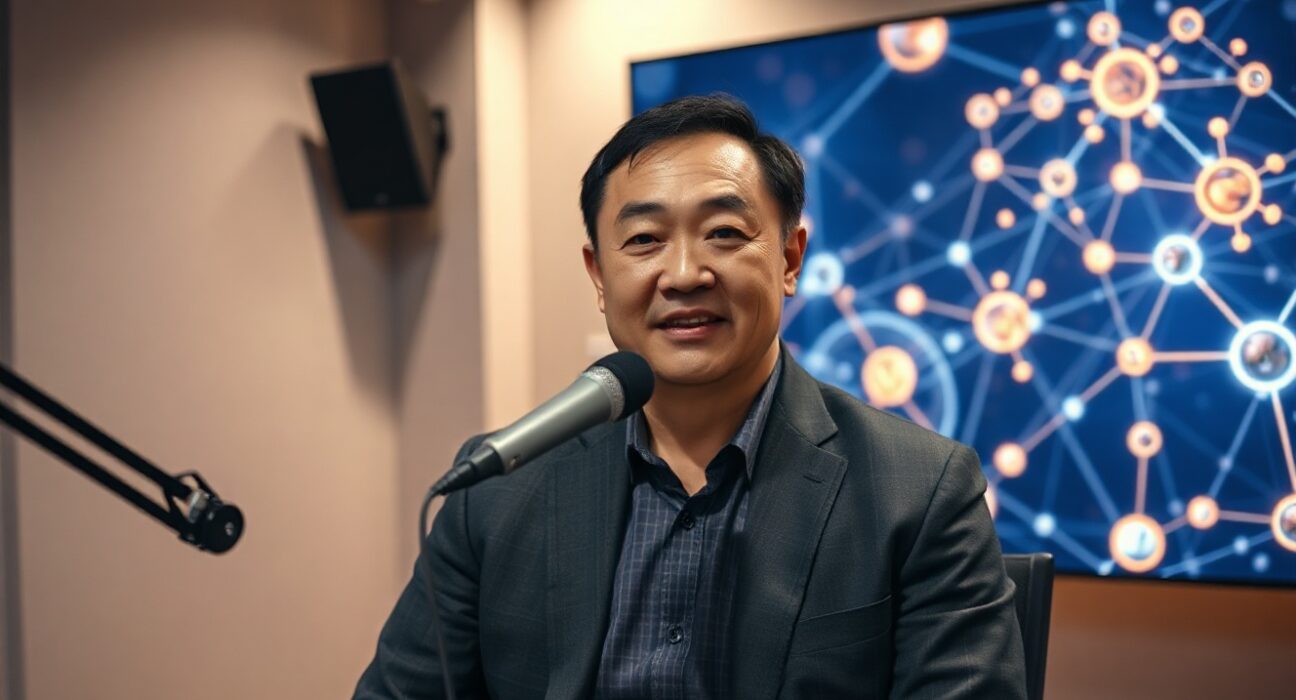 Binance founder Zhao Changpeng speaking in a podcast studio with a digital display showing AI and blockchain network graphics in the background.
