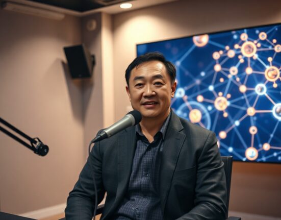 Binance founder Zhao Changpeng speaking in a podcast studio with a digital display showing AI and blockchain network graphics in the background.