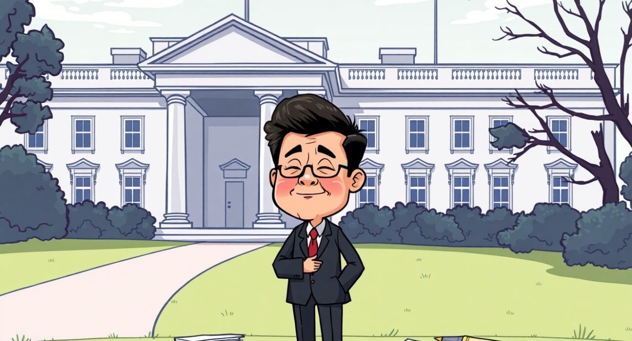 A cartoon depicting the White House reviewing documents related to the Changpeng Zhao pardon, highlighting the legal and political scrutiny.