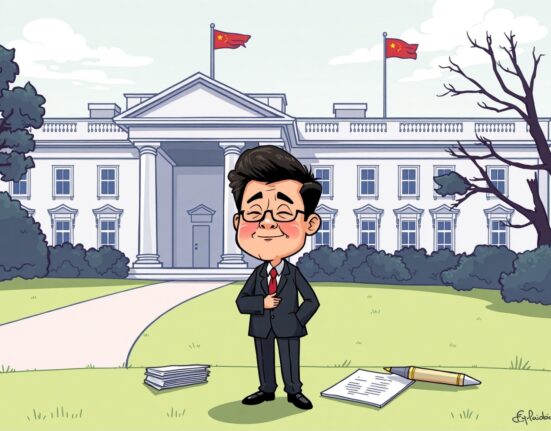 A cartoon depicting the White House reviewing documents related to the Changpeng Zhao pardon, highlighting the legal and political scrutiny.