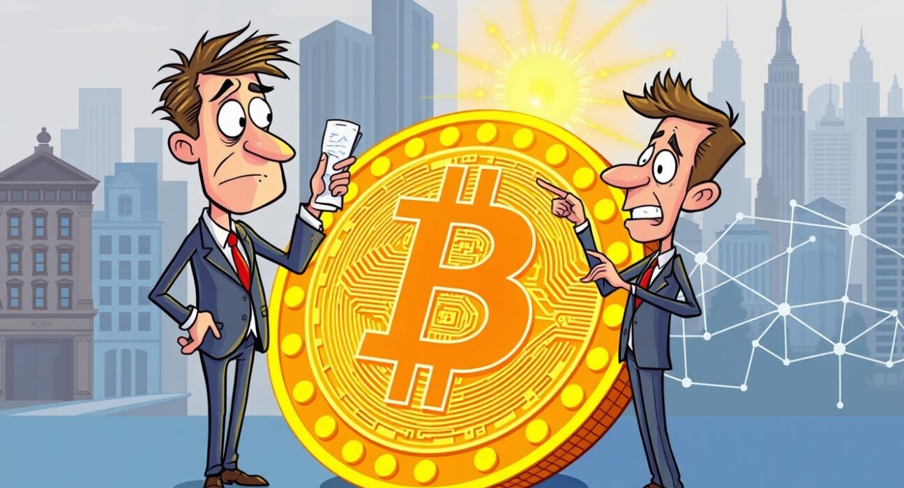 Cartoon debate on Bitcoin speculation versus real-world utility as digital gold.