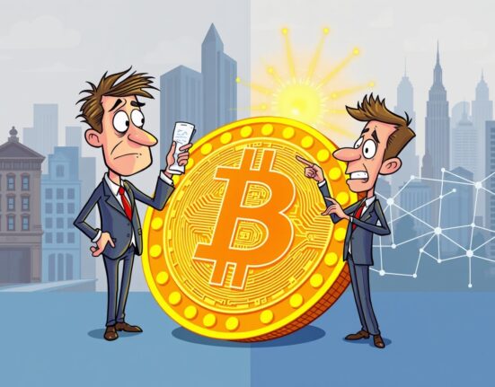 Cartoon debate on Bitcoin speculation versus real-world utility as digital gold.
