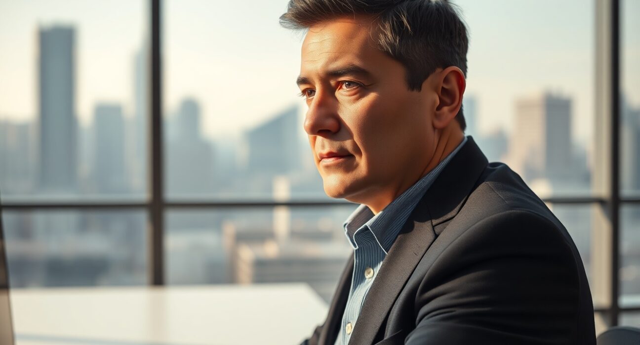 Changpeng Zhao seated at desk in office, neutral expression, professional setting