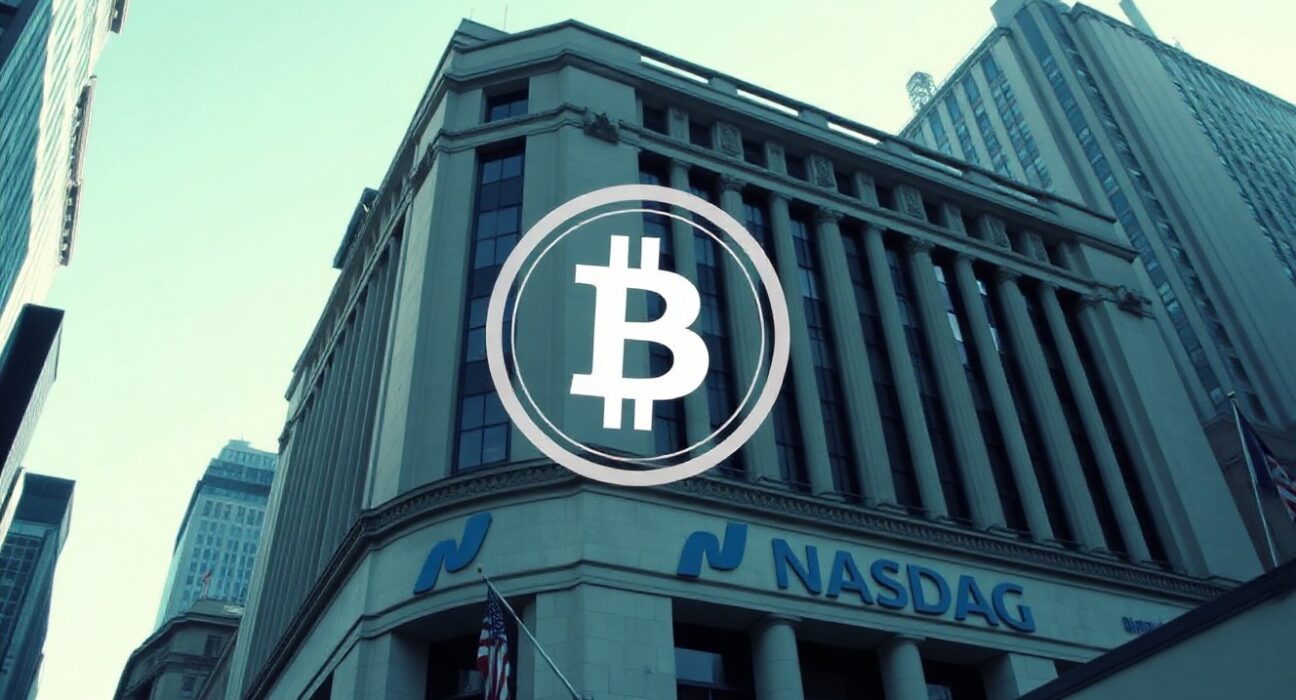 Nasdaq building with Bitcoin symbol in sky, representing Zhibao's crypto-funded PIPE.