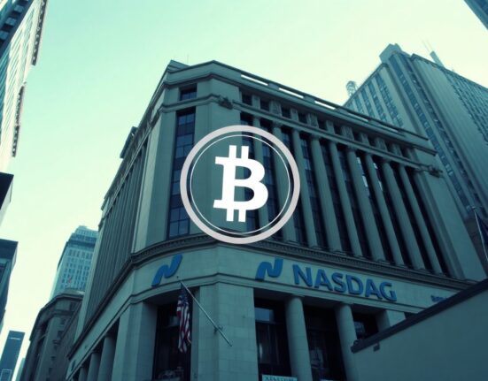 Nasdaq building with Bitcoin symbol in sky, representing Zhibao's crypto-funded PIPE.
