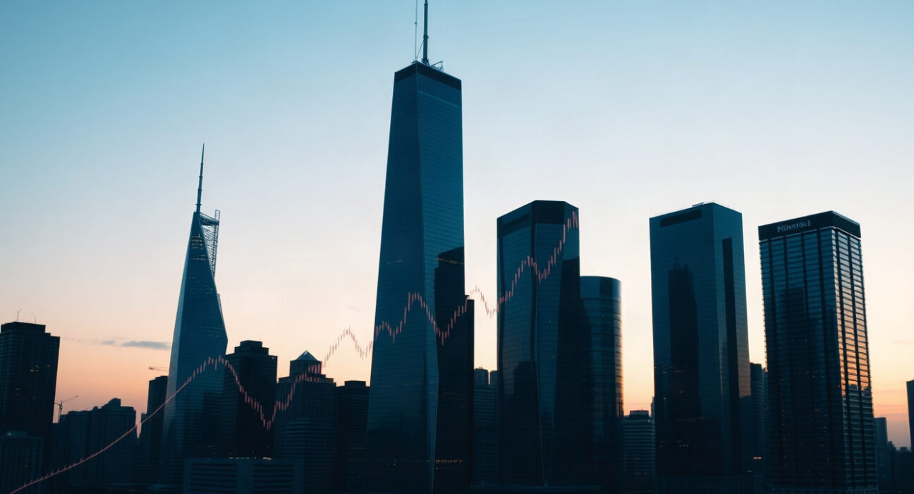 Financial district skyline with digital bond market overlays, symbolizing on-chain corporate bonds