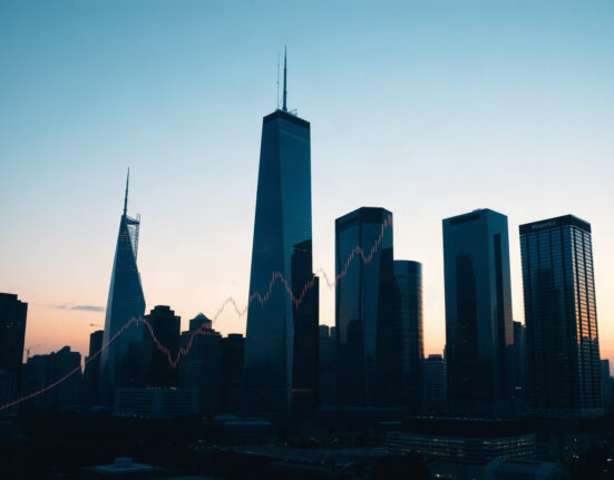 Financial district skyline with digital bond market overlays, symbolizing on-chain corporate bonds