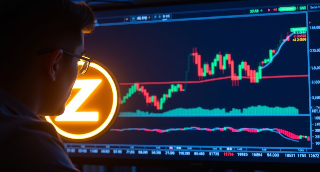 Analyst reviewing Zilliqa ZIL price chart on digital display in modern trading office