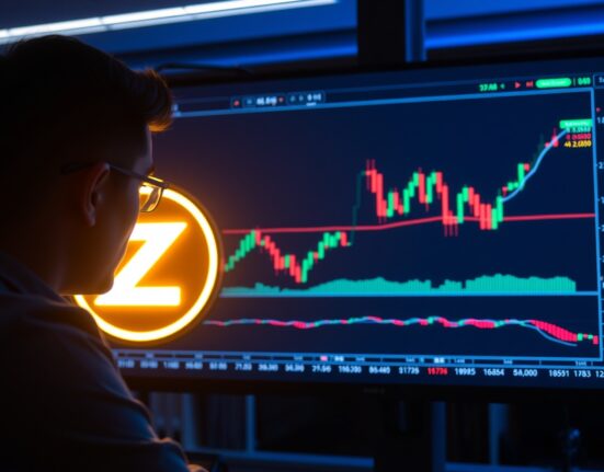 Analyst reviewing Zilliqa ZIL price chart on digital display in modern trading office