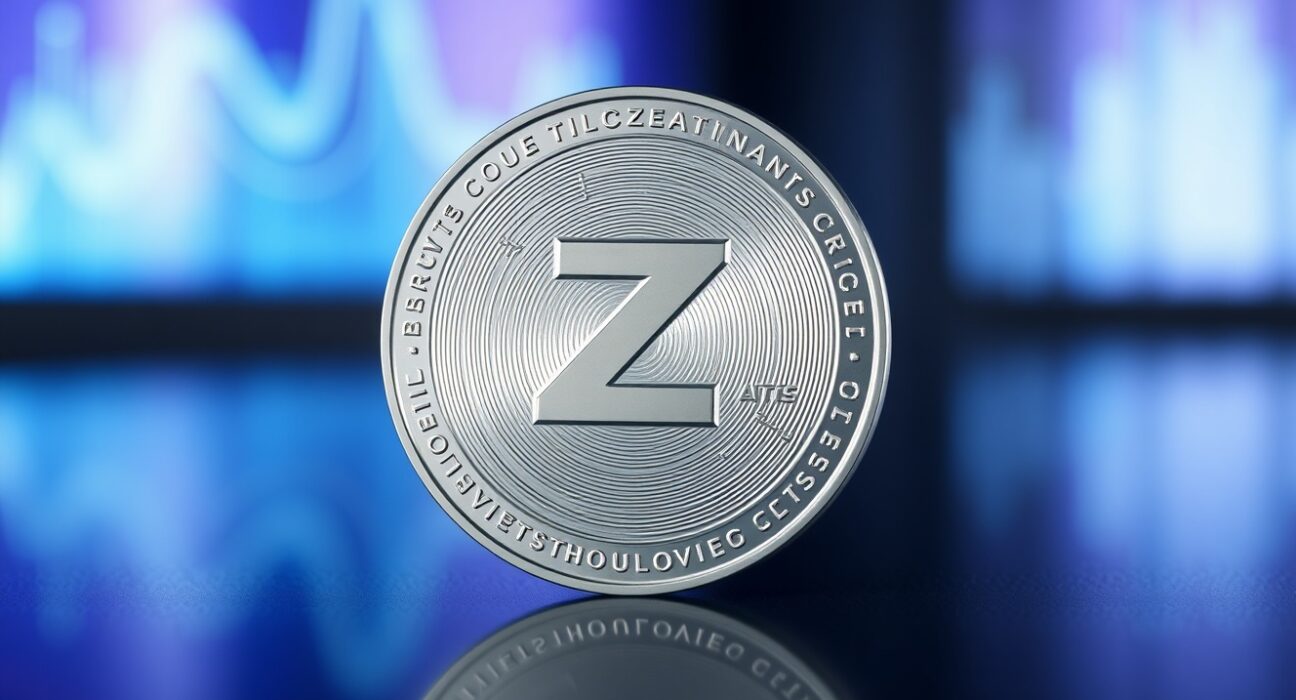 Zilliqa ZIL token coin on reflective surface with blue digital background