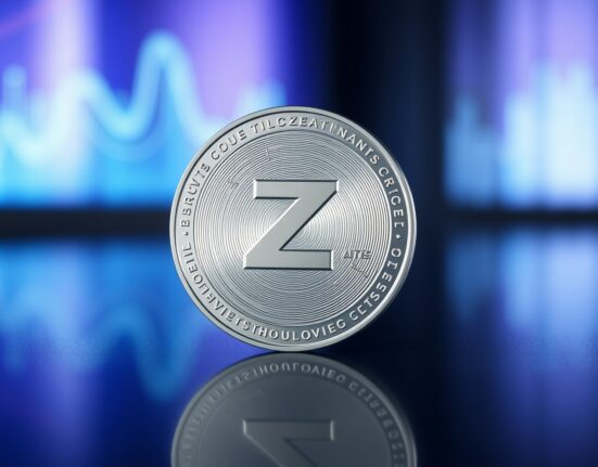 Zilliqa ZIL token coin on reflective surface with blue digital background